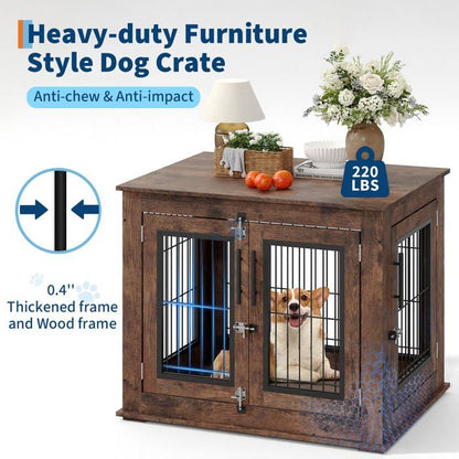 Cage pour Chien en Bois Rustique avec Double Porte – Meuble d'Appoint Style Ferme Cage pour Chien Meuble 80×60x66cm, Brun