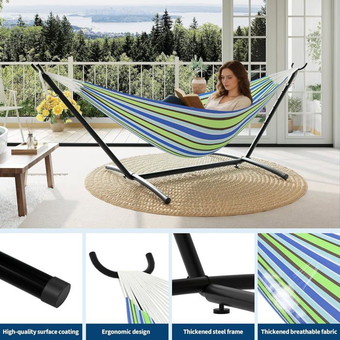 Hamac Double avec Support - 450 lbs, Toile Coton & Coussin Amovible - Pour Jardin, Intérieur/Extérieur, Vert
