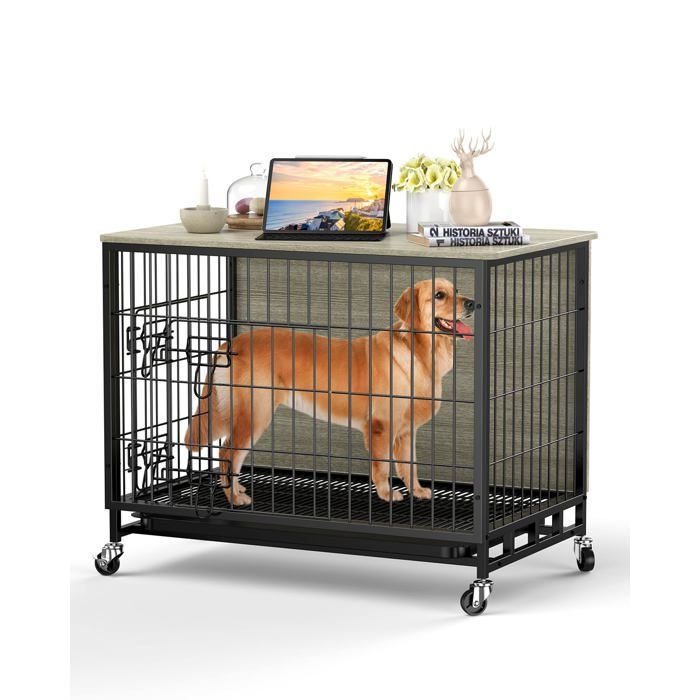 Cage pour Chien en Bois avec Roues – Table d'Appoint Meuble pour Chien – Double Portes & Toit Ouvrant, Marron Rustique