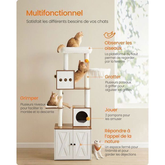 Arbre à Chat de 170 cm de Haut, Niche pour Chat, Meuble Cache-Litière, Marron et Blanc