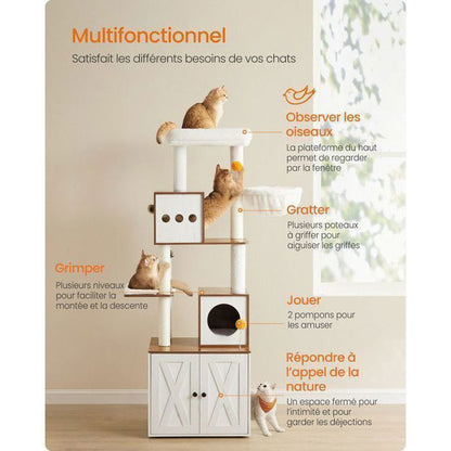 Arbre à Chat de 170 cm de Haut, Niche pour Chat, Meuble Cache-Litière, Marron et Blanc