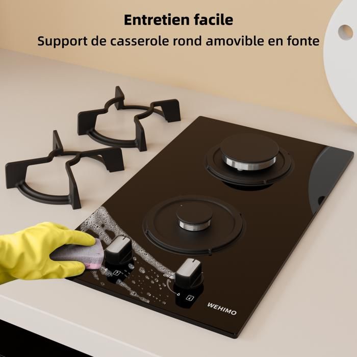 Plaque de Cuisson Gaz - WEHIMO - 3 Brûleurs - Verre Trempé - Allumage par Impulsion - 60x51 cm
