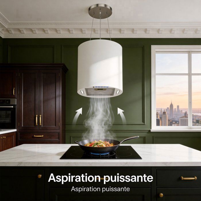 FIREGAS Hotte îlot suspendue 35 cm, 700 m³/h, 3 vitesses, éclairage LED, arrêt différé, 2 filtres à charbon – Noir