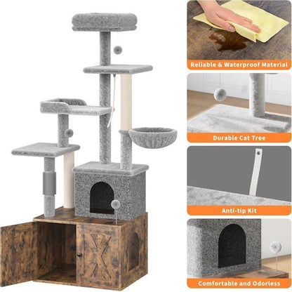 Arbre à Chat 2 en 1+ Enceinte de Litière Cachée - Meuble Chat Multiniveaux, Poteaux à Gratter, Boules Suspendues, Armoire - Marron