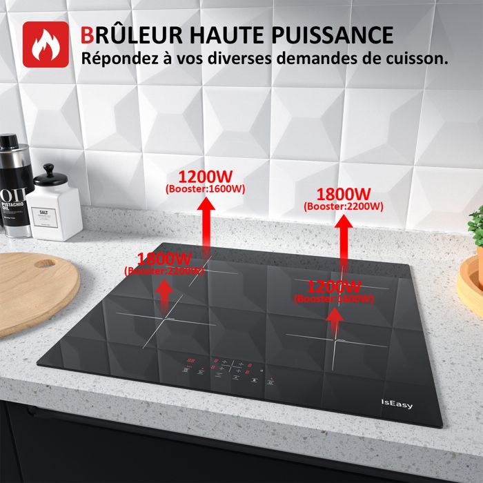 Plaque à Induction - ISEASY - 4 Foyers - 6800W - Écran Tactile - Verre Trempé