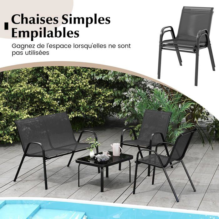 COSTWAY 4 PCS Ensemble Table et Chaises de Jardin Extérieur, Chaises et Causeuse avec Siège en Tissu, Plateau en Verre Trempé, Bleu