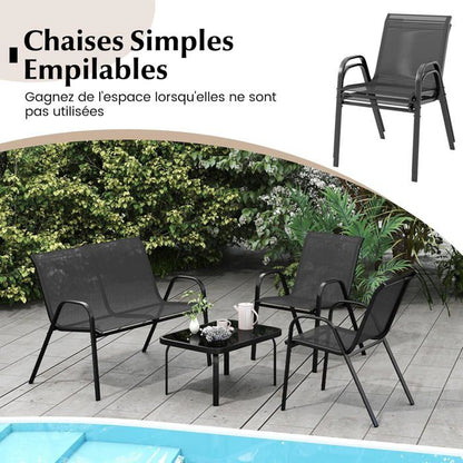 COSTWAY 4 PCS Ensemble Table et Chaises de Jardin Extérieur, Chaises et Causeuse avec Siège en Tissu, Plateau en Verre Trempé, Bleu