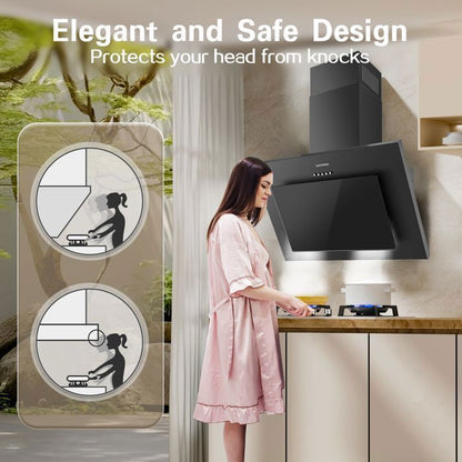 Hotte Asipirante 60cm,Evacuation ou Recyclage avec Filtre à Charbon,3 Vitesses,Verre Trempé,Noir,Hotte Cuisine inclinée,A++