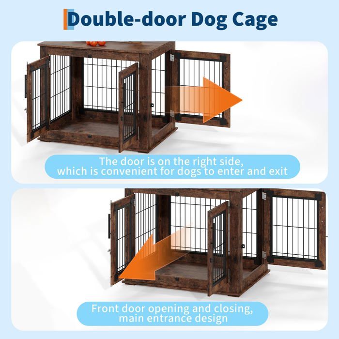 Cage pour Chien en Bois Rustique avec Double Porte – Meuble d'Appoint Style Ferme Cage pour Chien Meuble 80×60x66cm, Brun