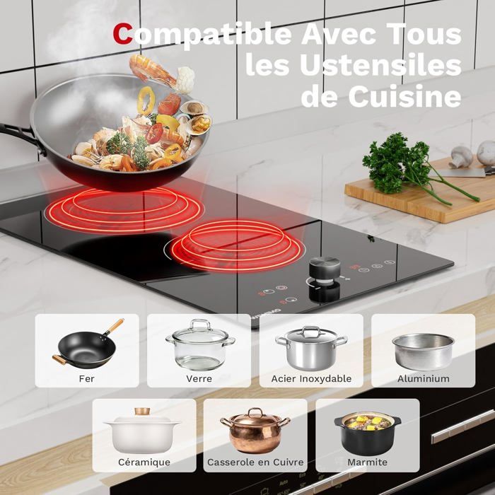 Plaque de Cuisson Vitrocéramique - WEHIMO - 2 Feux - 3400W - Noir - Sécurité enfant
