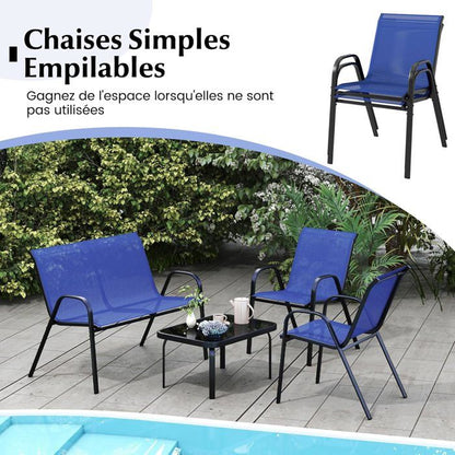 COSTWAY 4 PCS Ensemble Table et Chaises de Jardin Extérieur, Chaises et Causeuse avec Siège en Tissu, Plateau en Verre Trempé, Bleu