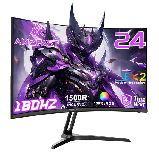Amzfast Écran PC Gamer Incurvé 24 Pouces - 180Hz, FHD 1920x1080, sRGB 130% / DCI-P3 97%, 1 ms MPRT, Anti-Lumière Bleue, Adaptive Sync, HDMI 1.4 + DP(Noir/Violet)
