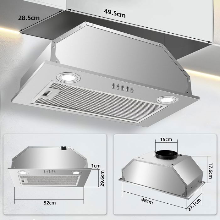 Hotte Aspirante-hotte encastrable-750 m³/h-L 52cm Kichpower -Gestuelle - Tactile - Booster - Recyclage avec Filtre à Charbon - A+++