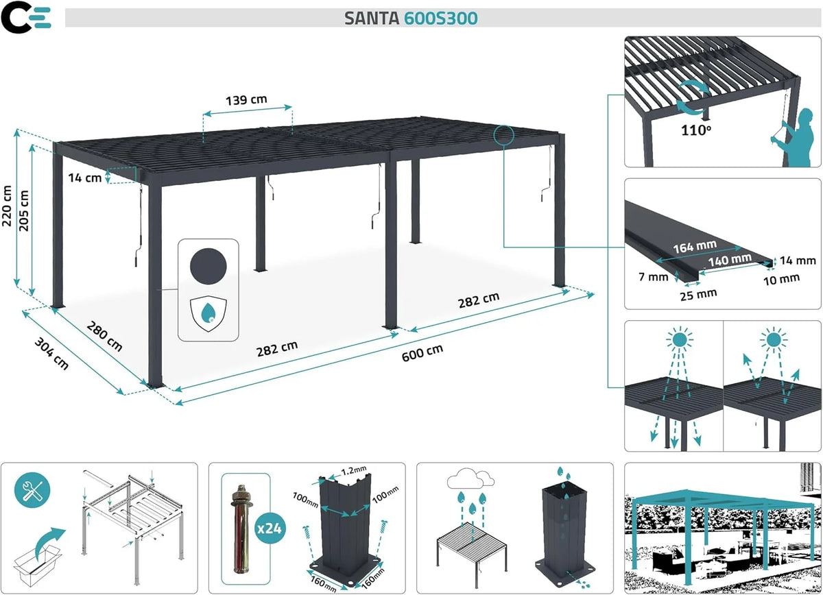 CAZEBOO Pergola Bioclimatique 6x3m Autoportée Santa – Aluminium Gris Lames Orientables en Acier – Tonnelle de Jardin Abri Terrasse – Résistante Vent 55 km/h – Protection Soleil Pluie – Montage Facile