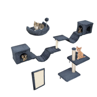 Balconera Lot 8 Murs escalade Chat - Peluche Stable, Arbre Mural Griffoirs, Pont, Escaliers & Boule, Gris Foncé