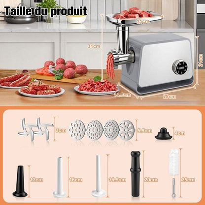 Hachoir à Viande Électrique 2800W - Écran Tactile - 11PCS avec 2 Lames 4 Inox Disques 3 Kit de Saucisse 1 Kubbe 1 Brosse - Argent