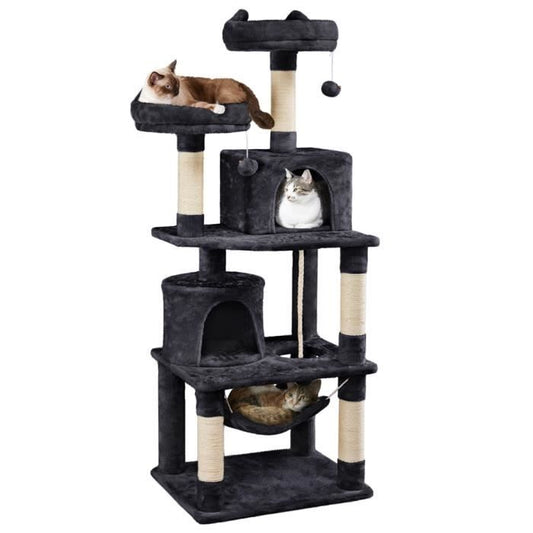 Arbre à Chat YAHEETECH - Tour à Griffer avec 2 Niches-Hamac Colonne en Sisal - Hauteur 158 cm Noir
