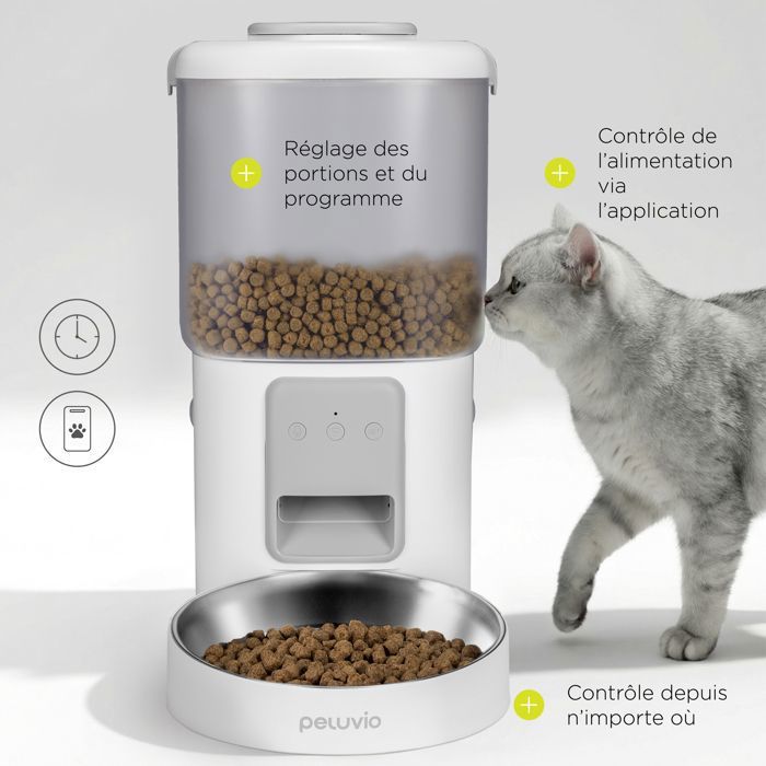 Distributeur de croquettes Automatique Chat PELUVIO Crispy - WiFi - 4,5 L - 4 Repas/jour - Enregistrement Vocal - Noir