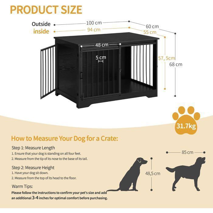 100cm Cage pour Chiens, Table d’Appoint, Niche Moderne pour Chiens, Cage pour Chiots, Maisonnette pour Animaux, 2 Portes