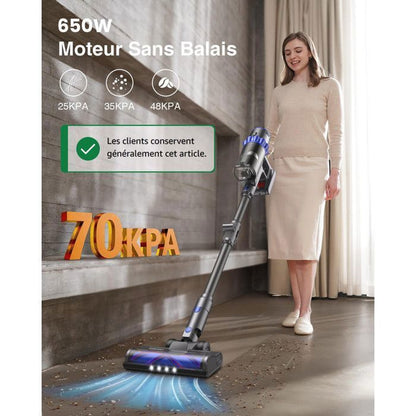Aspirateur balai sans fil - YOIMOIMO - 70000 Pa - 650W - Autonomie 70 min