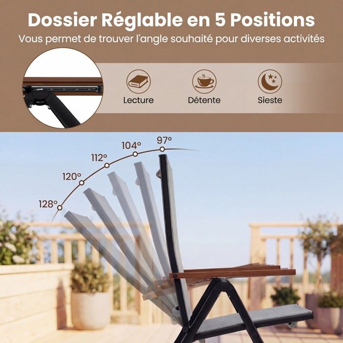 Lot de 4 Chaises Pliantes de Jardin COSTWAY, Dossier Ajustable à 5 Positions, Accoudoirs, Cadre en Métal, Extérieur Intérieur, Noir