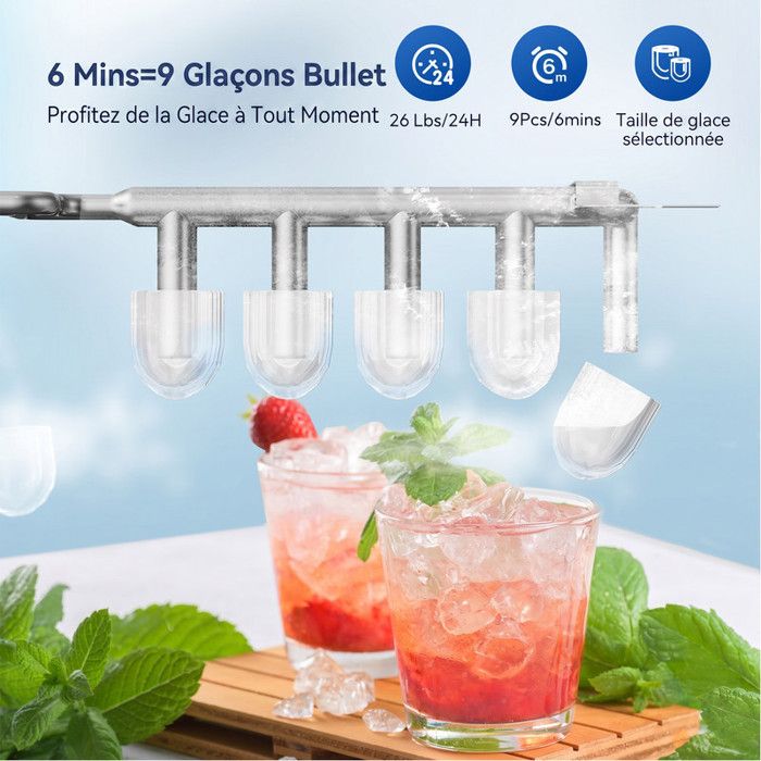 Machine à glaçons noire portable 12kg/24h, réservoir 1.4L, 9 glaçons en 6min, fonction autonettoyante, bruit inférieur 40dB