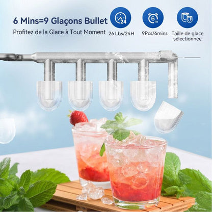 Machine à glaçons noire portable 12kg/24h, réservoir 1.4L, 9 glaçons en 6min, fonction autonettoyante, bruit inférieur 40dB
