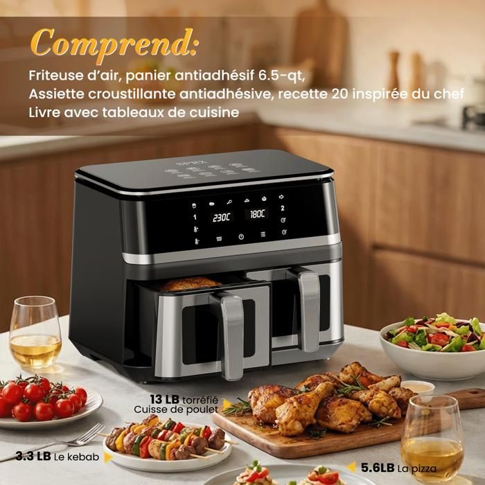 Friteuse Sans Huile Vulcanterre Airfryer 8019D 10L (2x4,5L Double Cuves Amovibles) 2000W Cuisson Saine Multifonction