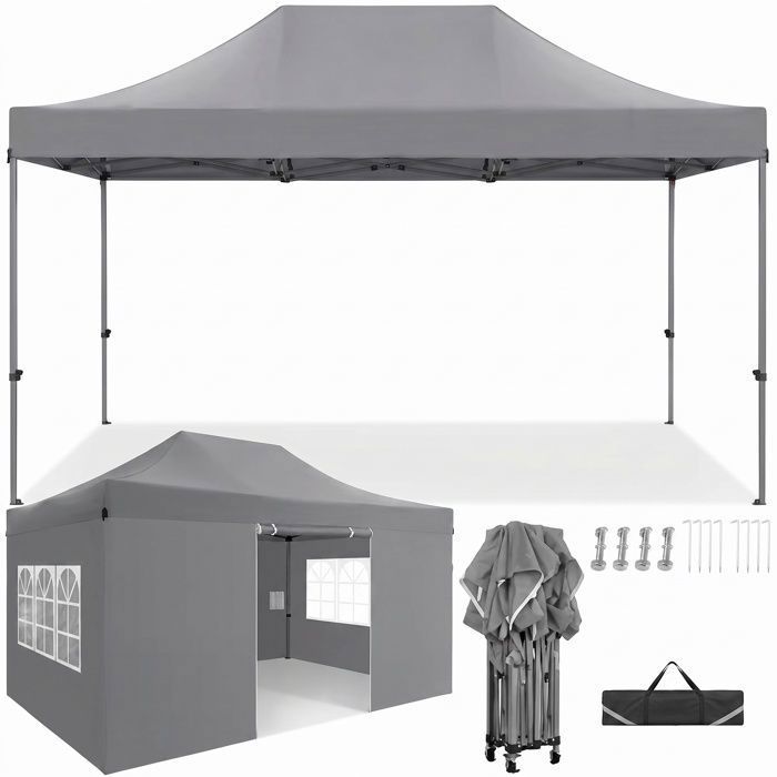 Tonnelle Pliante 3x4.5m Tente de Jardin étanche Stable avec 4 Parois latérales abri extérieur pour Réception Camping ,Gris