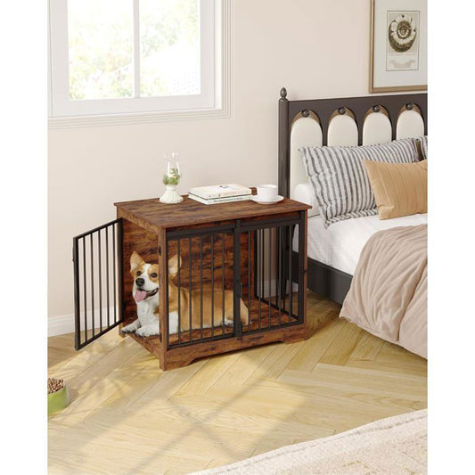 81cm Cage pour Chiens, Table d’Appoint, Niche Moderne pour Chiens, Cage pour Chiots,2 Portes, 55 x 81 x 67,5 cm, Marron Rustique