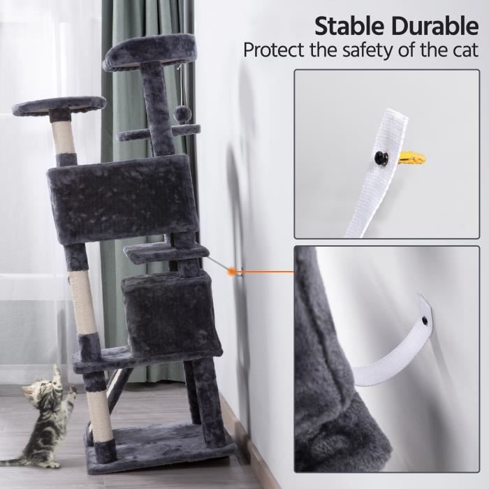 Yaheetech Arbre à Chat Chatons Grattoir Griffoir avec 3 Plateformes/2 Niches/Poteaux en Sisal 49,5 x 49,5 x 137 cm Gris foncé