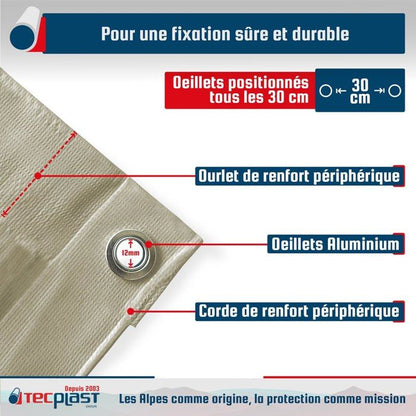 TECPLAST Bâche Jardin 3x3 m LP506JD Beige foncé - Garantie 5 ans - Bâche PVC étanche - Résistance Anti-UV