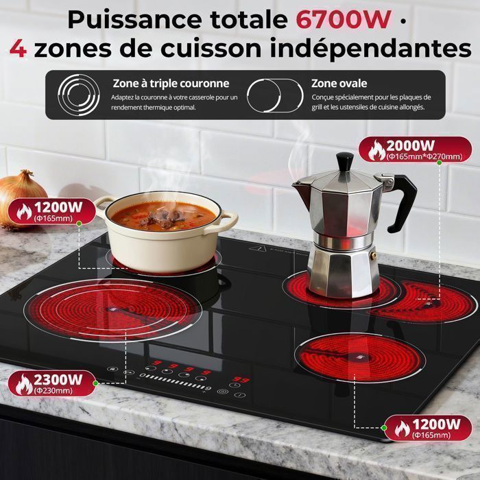 Plaque Vitrocéramique 4 Feux Encastrable,Sndoas 60cm Table de Cuisson,9 Niveaux de Puissance, Minuteur Intégré,6700W