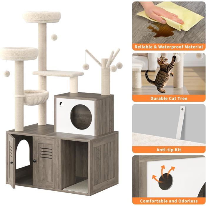 Arbre à Chat 2 en 1+ Enceinte de Litière Cachée - Meuble Chat Multiniveaux, Poteaux à Gratter, Boules Suspendues, Armoire - Marron