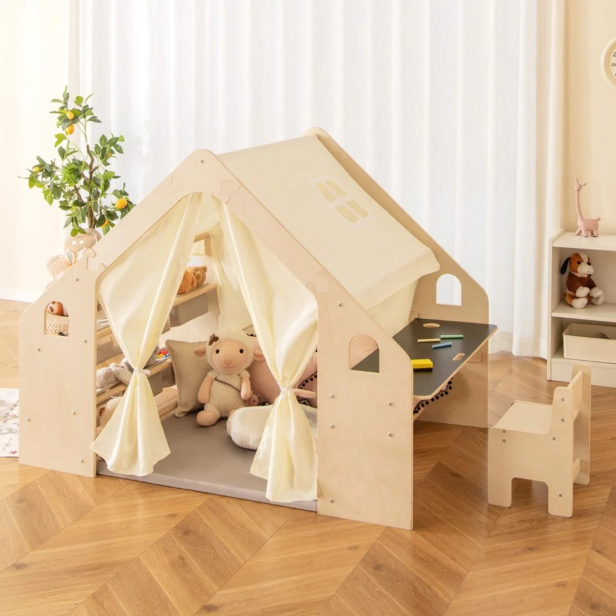 Tente de Jeu d'Intérieur en Bois pour Enfants 6 en 1 Tableau Noir Table Chaise 6 Bacs de Rangement Coussin de Sol Maison de Jeu pour 2-6 ans Beige