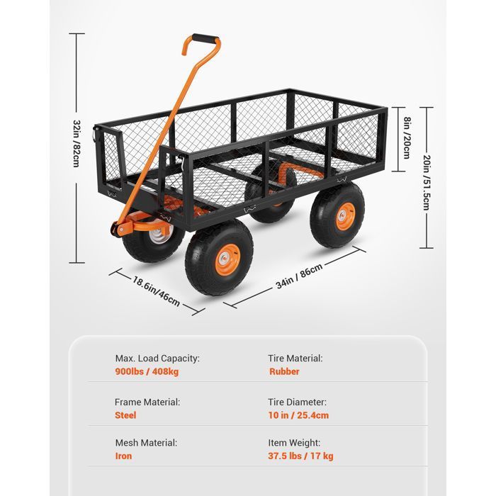 Chariot de Jardin Basculeur Renforcé - Capacité 600 lb (272 kg) -Réglable à 180° - Roues Tout-Terrain 10"- Résistant à la Rouille