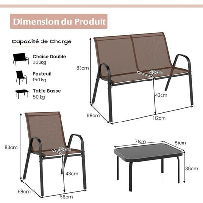 COSTWAY 4 PCS Ensemble Table et Chaises de Jardin Extérieur, Chaises et Causeuse avec Siège en Tissu, Plateau en Verre Trempé, Bleu