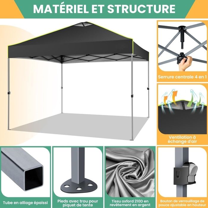 Tonnelle de Jardin Exterieur ImperméAble Tente De Reception Avec 4 Panneaux LatéRaux,Uv 50+ -Noir