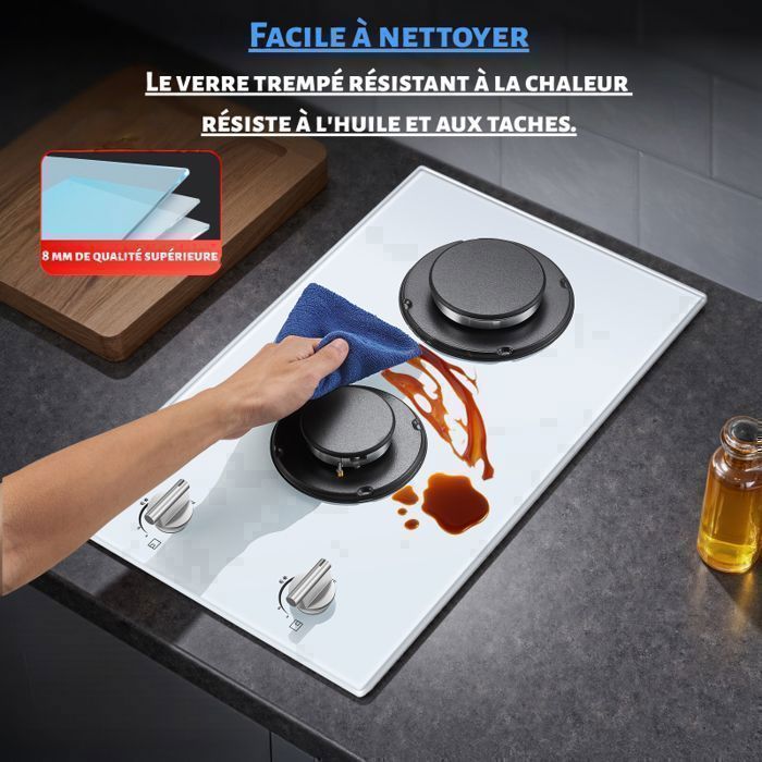 Plaque de cuisson gaz,Table Gaz,2 foyers,Verre Trempé,4200 W,Sécurité Thermocouple,Gaz Naturel/Propane,noir