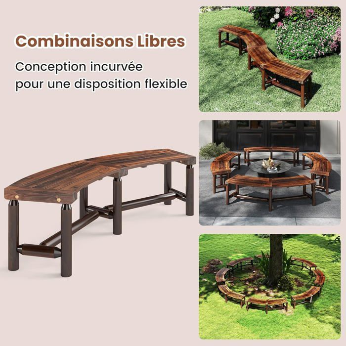 Banc de Jardin Extérieur Incurvé COSTWAY, Bois Massif, 2-3 Personnes, sans Dossier, Charge 360 kg, pour Patio Piscine, Naturel