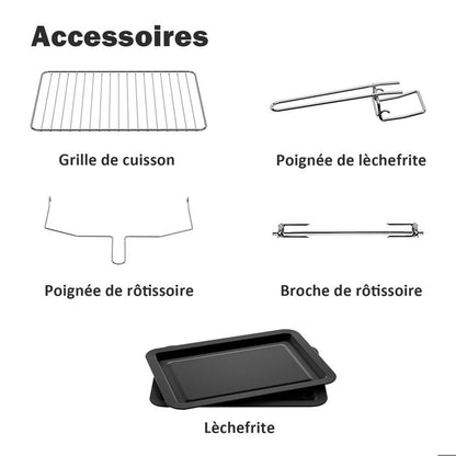 Four électrique à convection, 46L avec Tournebroche, 6 modes de cuisson, Lèchefrite avec pince, Grille de cuisson - Noir/Inox