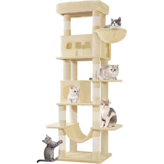 170 cm Grand Arbre à Chat,Tour à Chat d'intérieur, avec Grand Perchoir,Tapis Lavable,2 Niches Chats,8 Griffoirs,Hamac,Pompons,Beige