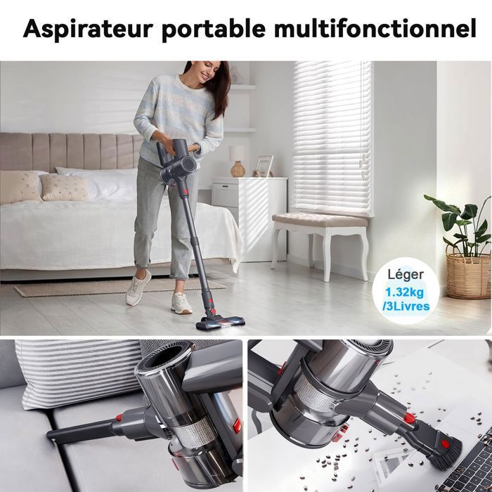 Aspirateur Balai Sans Fil Lamzien V8 - 30000PA/40min - HEPA Filtration Efficace -silencieux - léger - Lumière Verte
