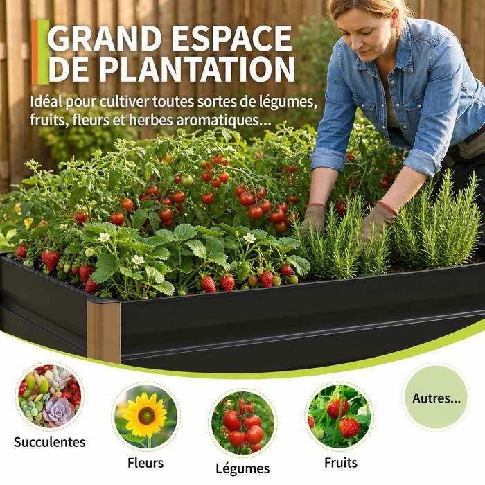 Bac de jardin surélevé en aluminium 240*100*40 cm – Anti-rouille, fond ouvert, coins arrondis, Gris, 1pc