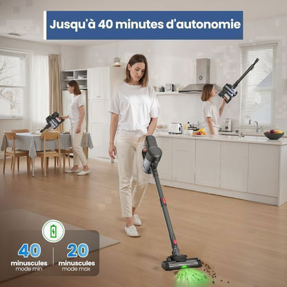 Aspirateur Balai Sans Fil Lamzien V8 - 30000PA/40min - HEPA Filtration Efficace -silencieux - léger - Lumière Verte