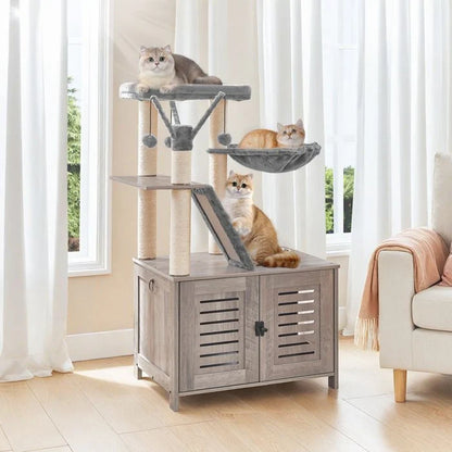HOOBRO Arbre à Chat avec Maison de Litière pour Chat, Maison pour Chat en Bois avec Tour à Chat, Grège