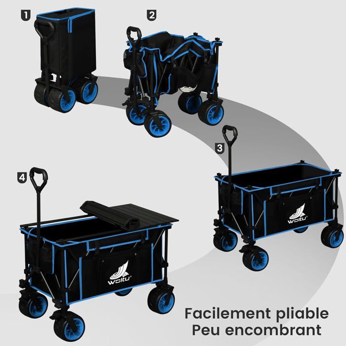 WOLTU Chariot de Jardin avec Plateau Amovible, Roues larges, Charge 120kg, Chariot Plage, Tissu Oxford+Acier, Noir+Blue W0UETT0104
