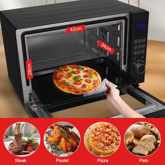 Four électrique à convection, 46L avec Tournebroche, 6 modes de cuisson, Lèchefrite avec pince, Grille de cuisson - Noir/Inox