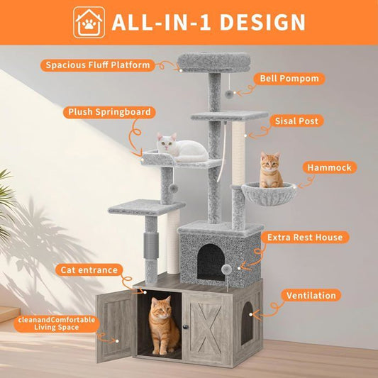 Arbre à Chat 2 en 1+ Enceinte de Litière Cachée - Meuble Chat Multiniveaux, Poteaux à Gratter, Boules Suspendues, Armoire - Gris
