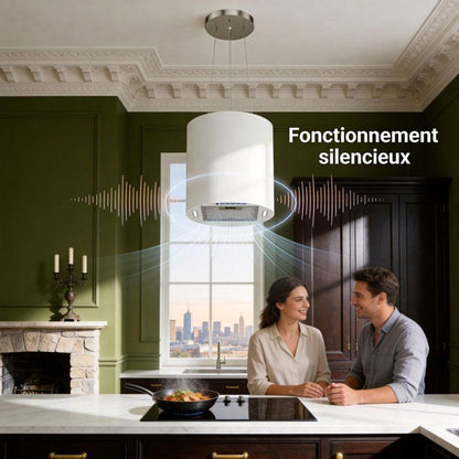 FIREGAS Hotte îlot suspendue 35 cm, 700 m³/h, 3 vitesses, éclairage LED, arrêt différé, 2 filtres à charbon – Noir